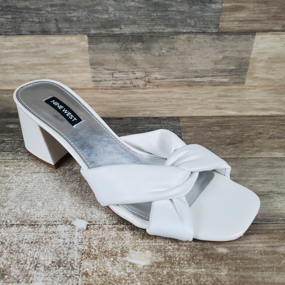 Nine West Gather 3 Womens Sandals Sz 9 M White Leather Square‎ Toe Block Heel
